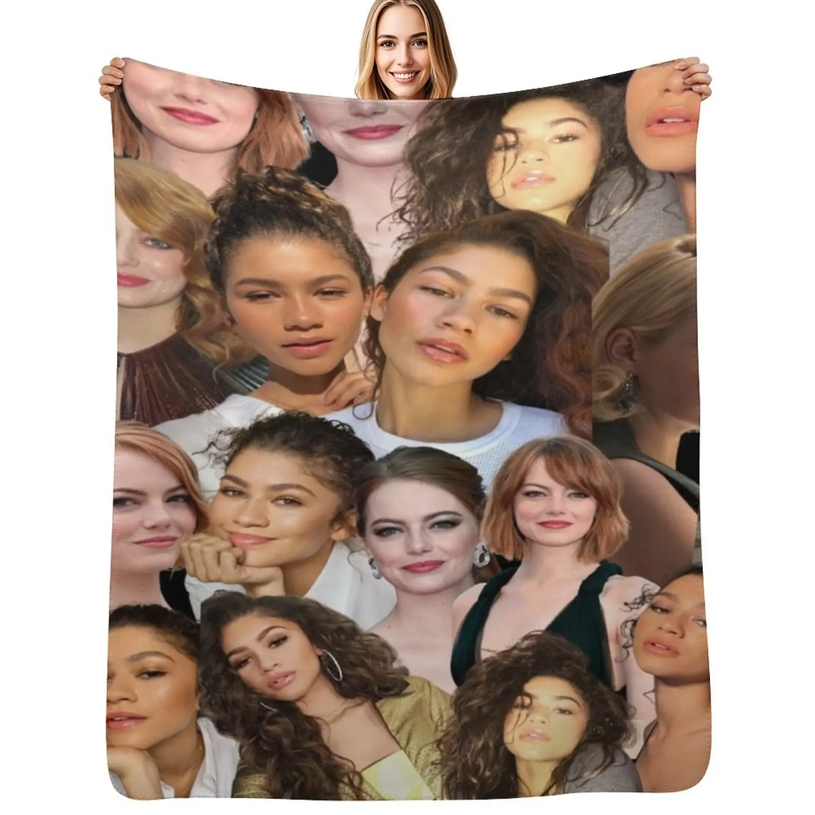 

Emma stone and zendaya collage Throw Blanket Bed Fashionable Bed linens Furrys Stuffeds Blankets