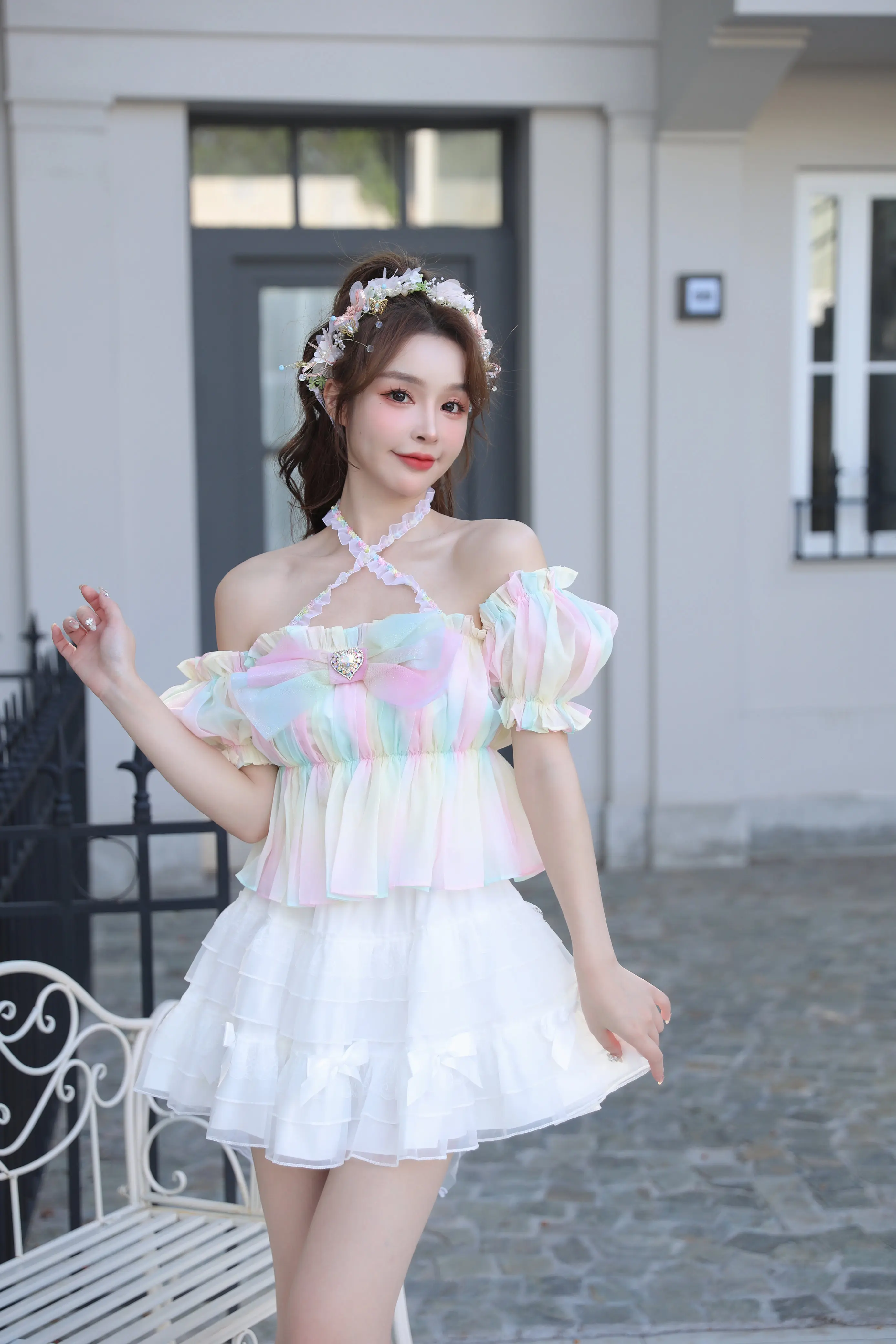 Beautiful Girl Rainbow Gradient Color Shiny Bow Love Diamond Puff Sleeve Halter Short Top Summer Womens Tops and Blouses