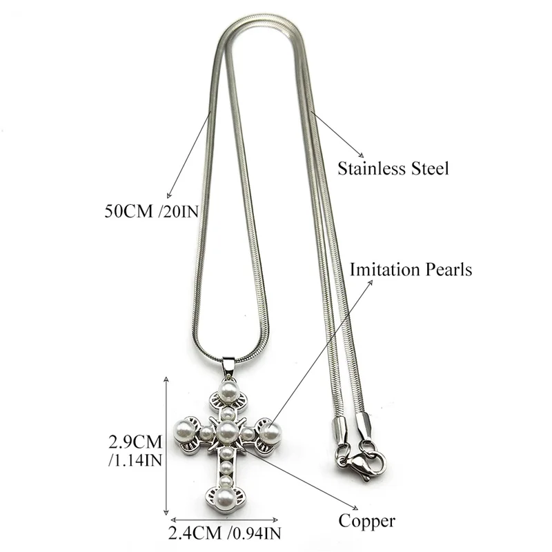 Imitation Pearls Cross Copper Pendant Necklace for Women Silver Color Jesus Christian Stainless Chain Choker Charms Jewelry