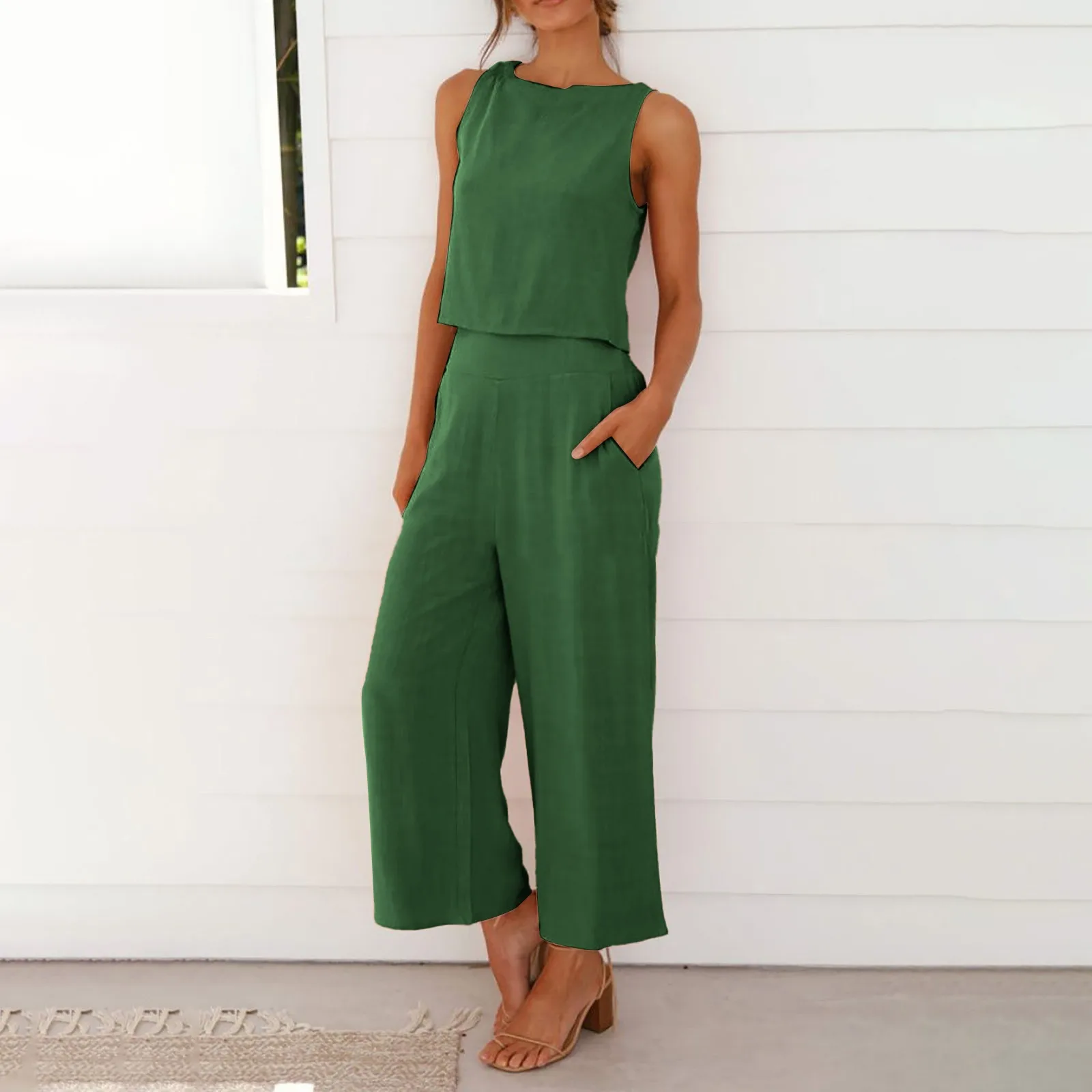 Summer Cotton Linen Suits Sleeveless O-Neck Tank Fashion Comfortable Vest And Long Pants Solid Color Casual Loose Top Set Suit