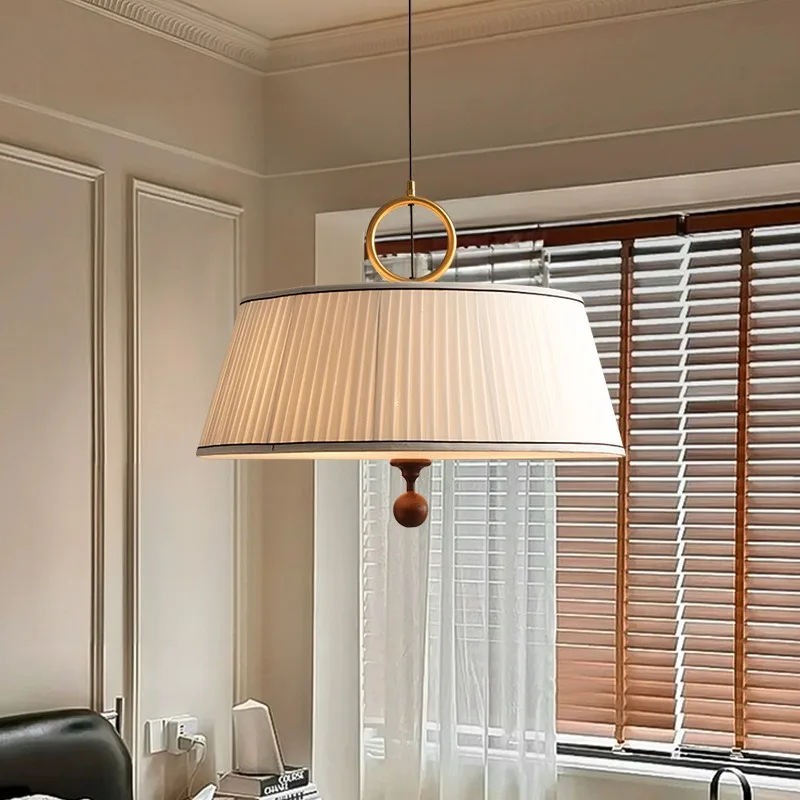 French Vintage Cloth Pendant Lamp  Mid Century Fabric Pleated Chandelier for Bedroom Dining Room Living Room Exhibition Lighting