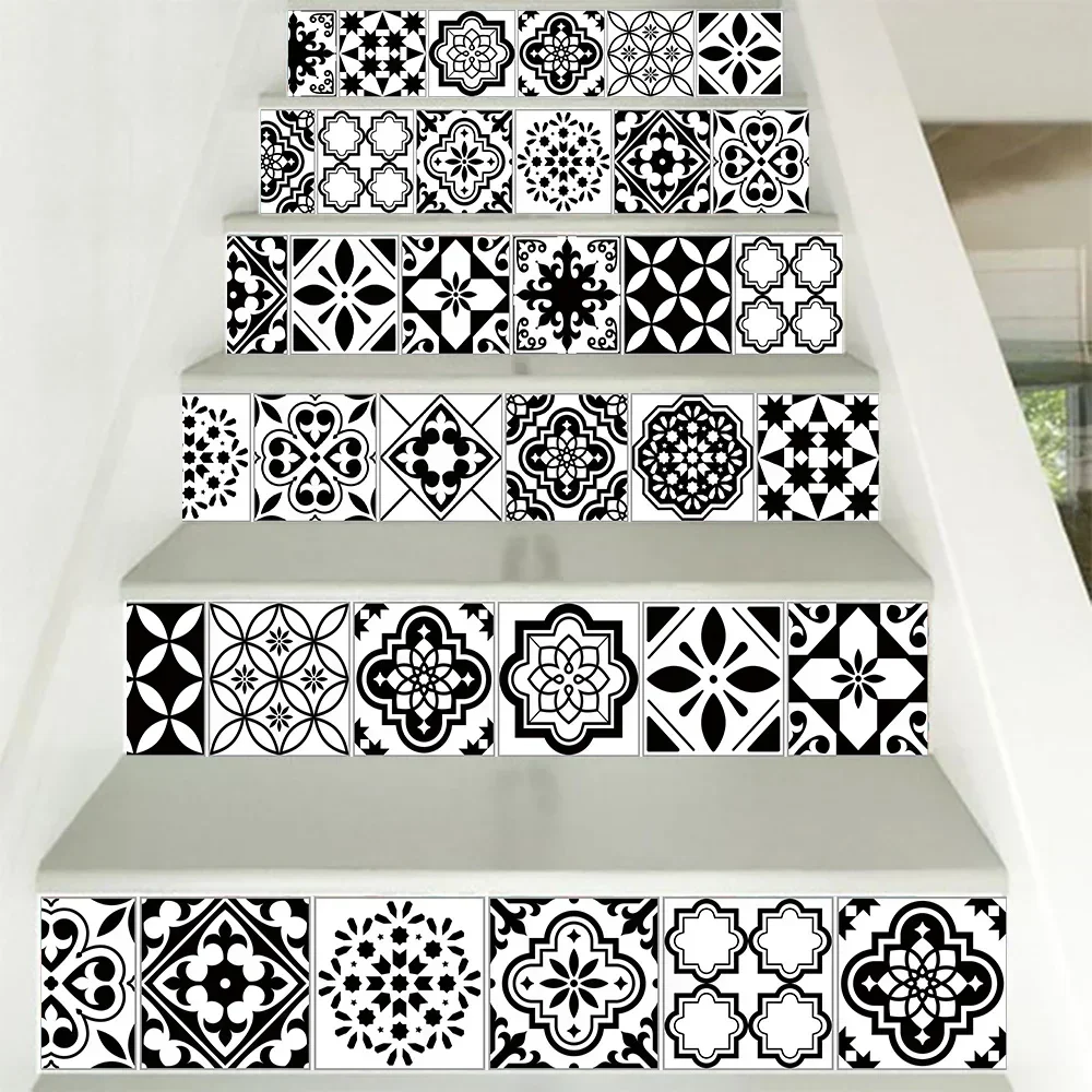 6pcs/set Black & White Stair Stickers Staircase Steps Floor Wall Sticker Home Decor Self-adhesive Waterproof Wallpaper