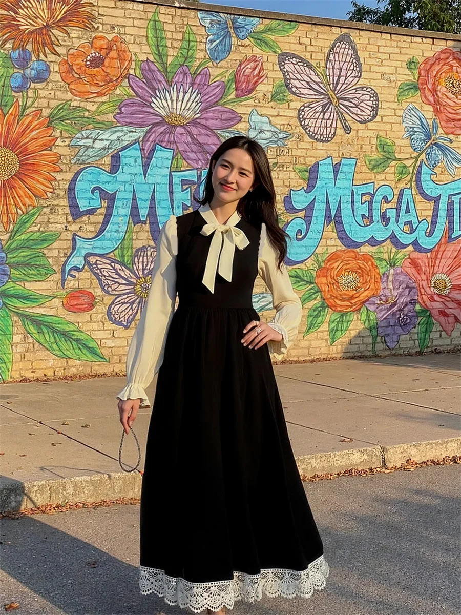 Damenkleider Schwarz A-Linie Patchwork Herbst Frühling Pailletten Elastisch Gestreift Rundhalsausschnitt Neckholder Taillierter Arbeit Ausgefallener Ausschnitt