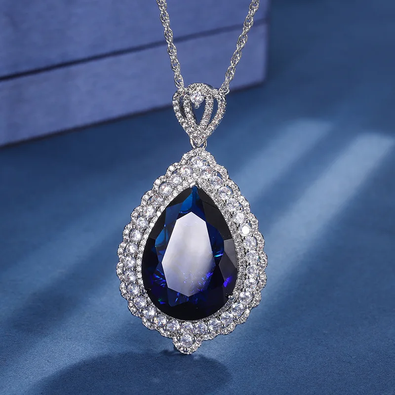 Jewelry with copper base and gold plating, new model with colorful gemstones, large water drop pendant necklace, luxuriously set