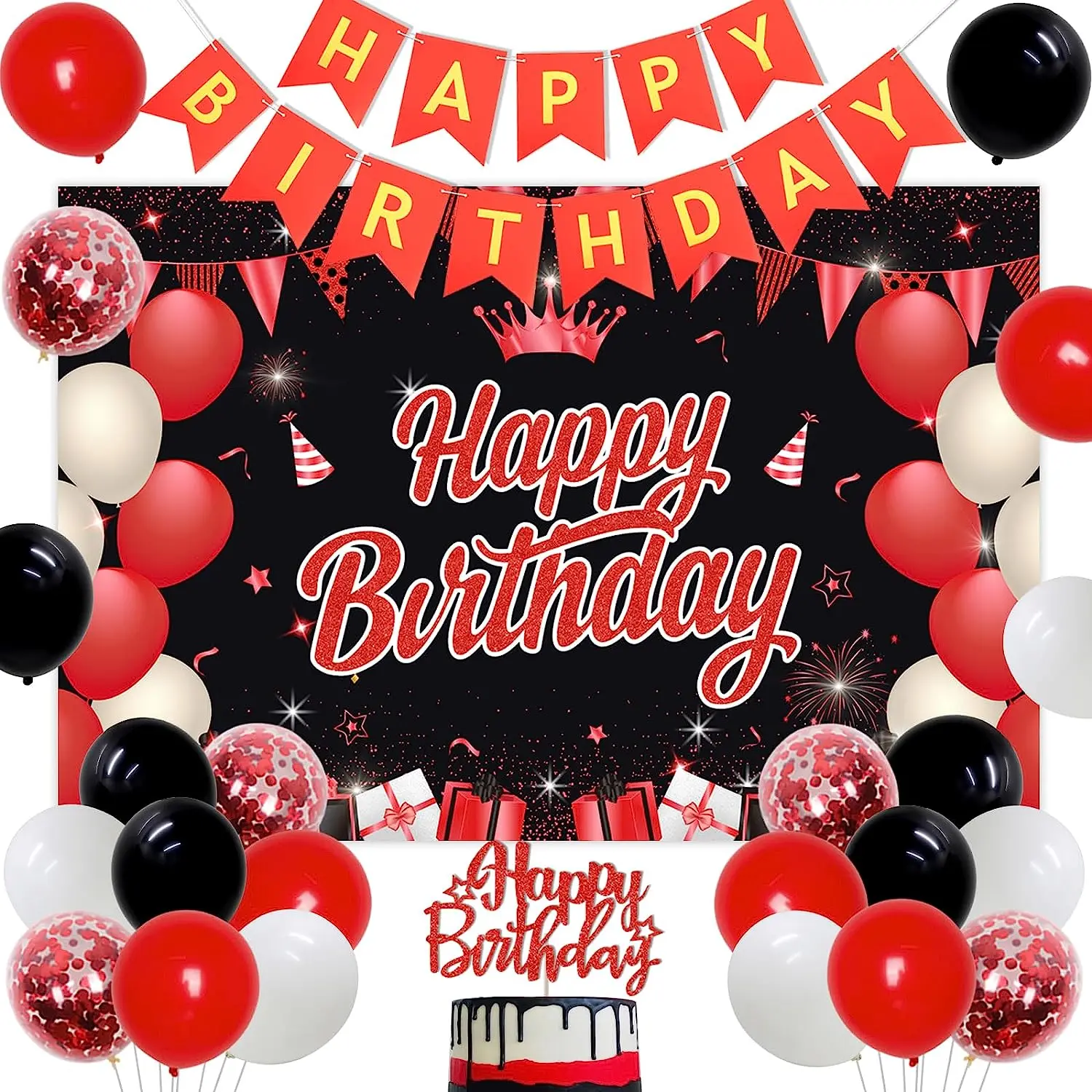 

Happy Birthday Party Decorations, Red and Black, Photo Background, Banner, Cake Topper for Boys, Girls, 13th, 18th, 40th, Party