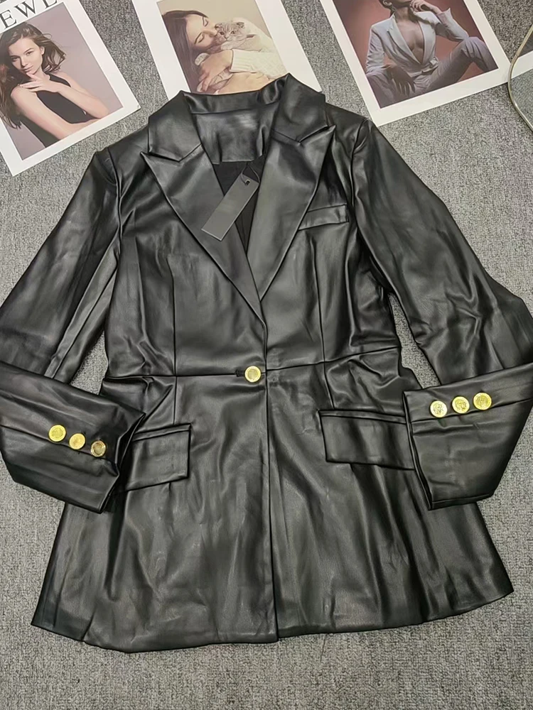 Cappotto in pelle pu con un bottone con risvolto in tinta unita Vintage 2024 giacca da donna all-in-one di nuova moda autunno