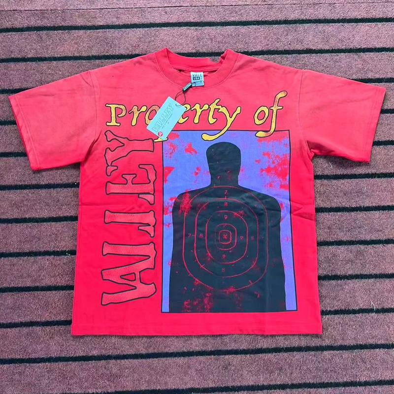 

Shooting Target Letter Print Vintage Destroy Hole Wash Red Short Sleeve VALLEY T-shirts Men Women Streetwear Vale Top Tee