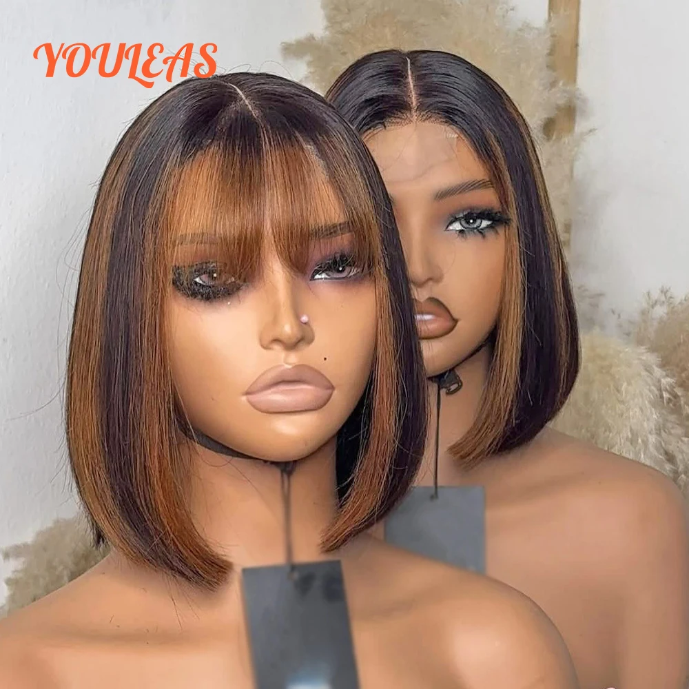 

Ombre 1B/30 Colored Short Bob Straight Wigs 5x5 Transparent Lace Closure Glueless Wig Pre Plucked Human Hair Ready To Wear