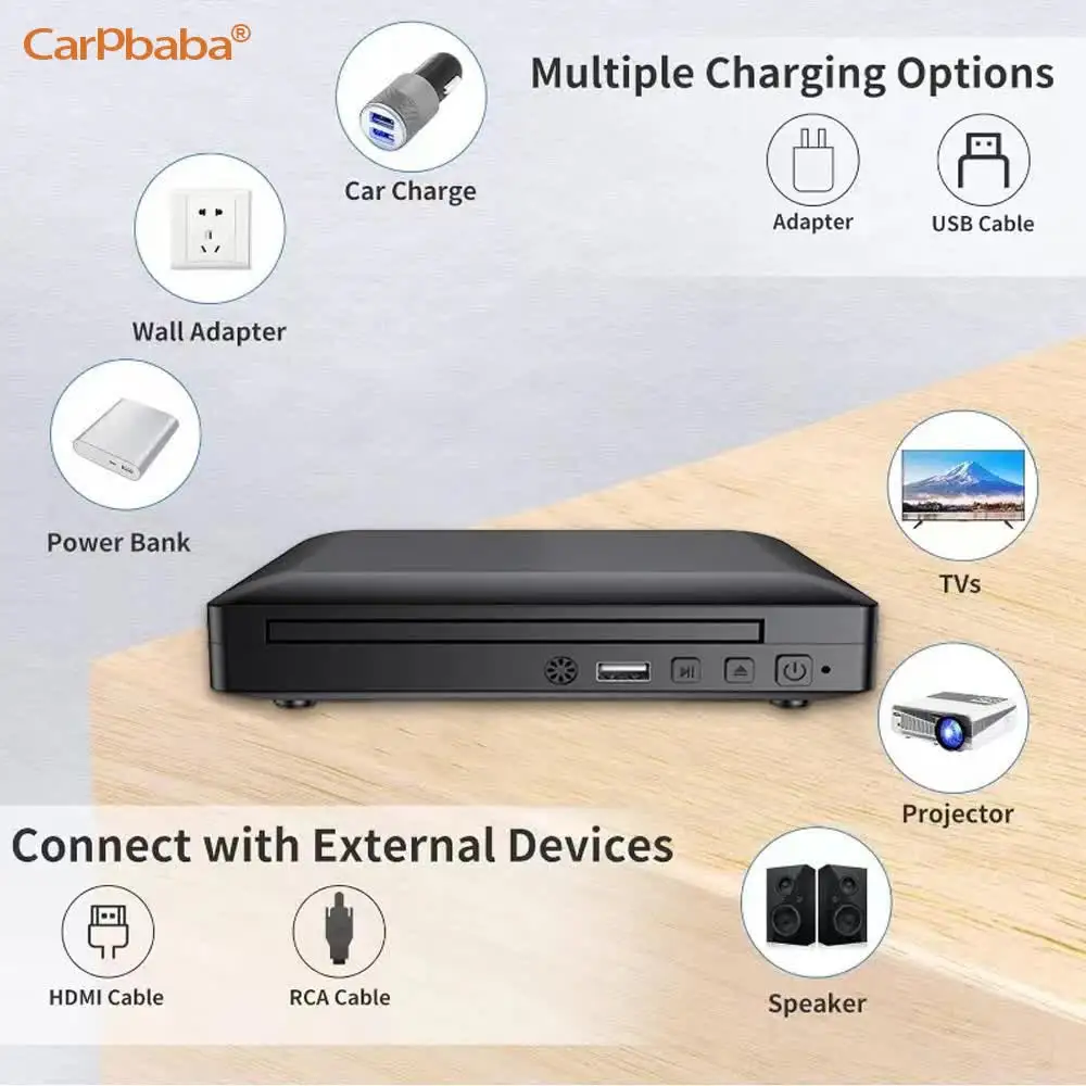 Carpbaba-M218 Mini DVD Player com cabo HD e RCA, 1080P, PAL, NTSC, USB 2.0, Leitor de CD portátil, Casa, Região Free Universa