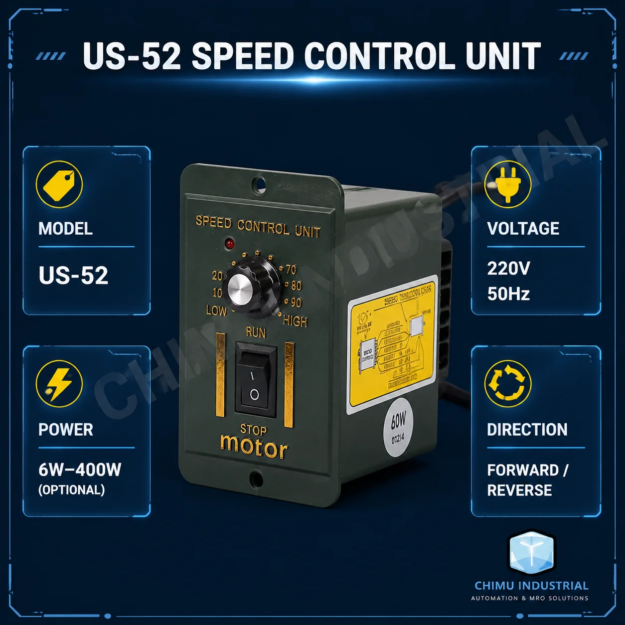 【CHIMU INDUSTRIAL】 for US-52 AC Motor Speed Controller 220V 15W-250W Governor for Gear Motor Speed