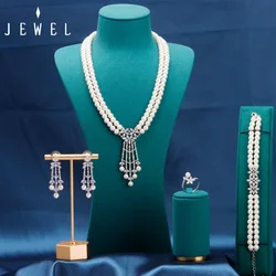 JEWEL Luxury Bride Pearl Zircon Jewelry Off-White Double-Deck for Women Korean Temperament Short Collarbone Earring Necklace Set