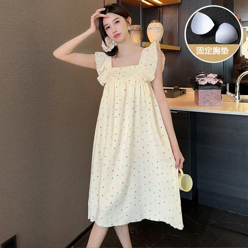 Large Size Print Tank Sleep Dress Women Summer Pajamas Korean Cute Nightgown Ruffles Loose Homewear Princess Mid Dress Sleepwear