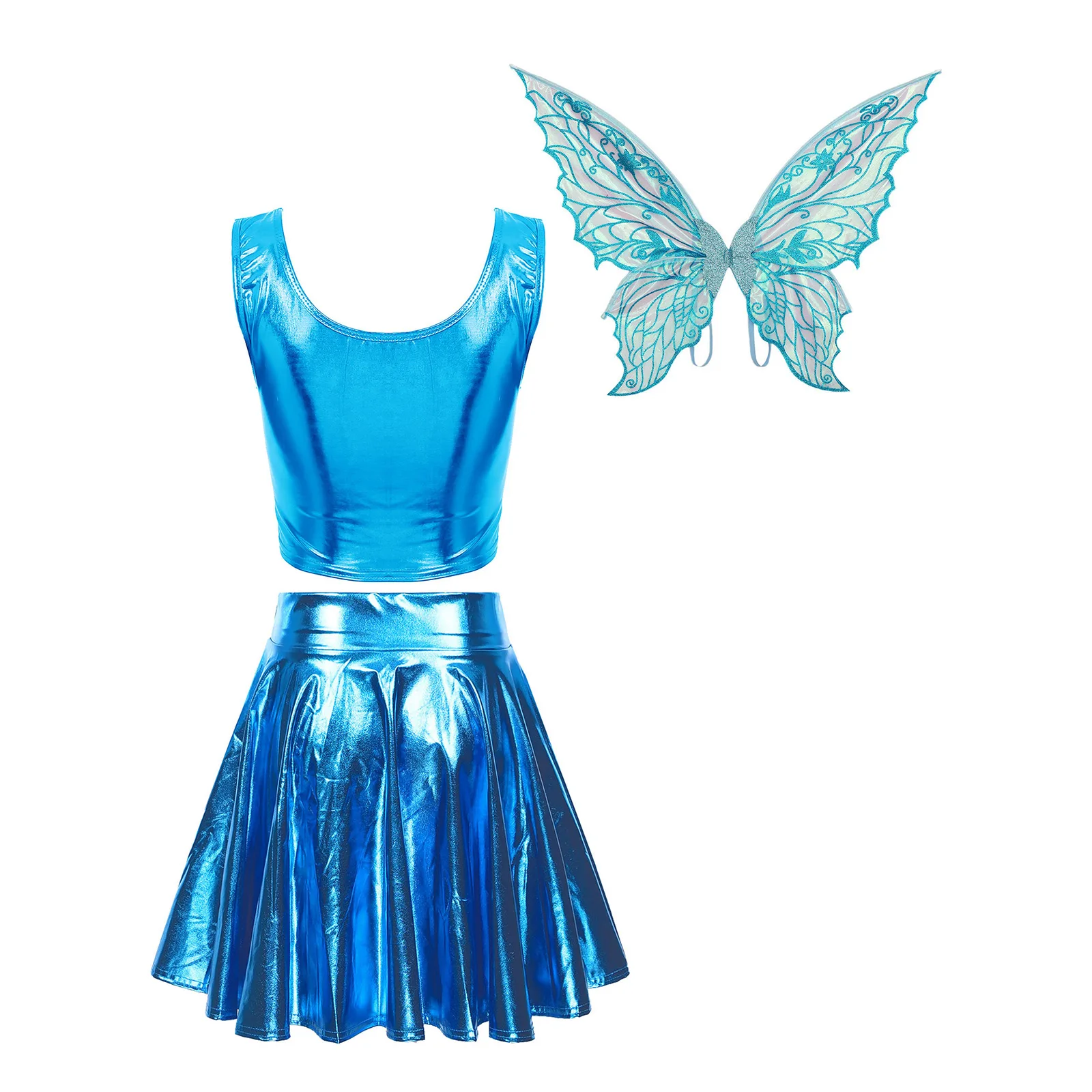 Fairy Elf Wings Party Carnival Cosplay Outfit Womens Metallic Sleeveless Crop Top with High Waist Skirt And Butterfly Wings Set