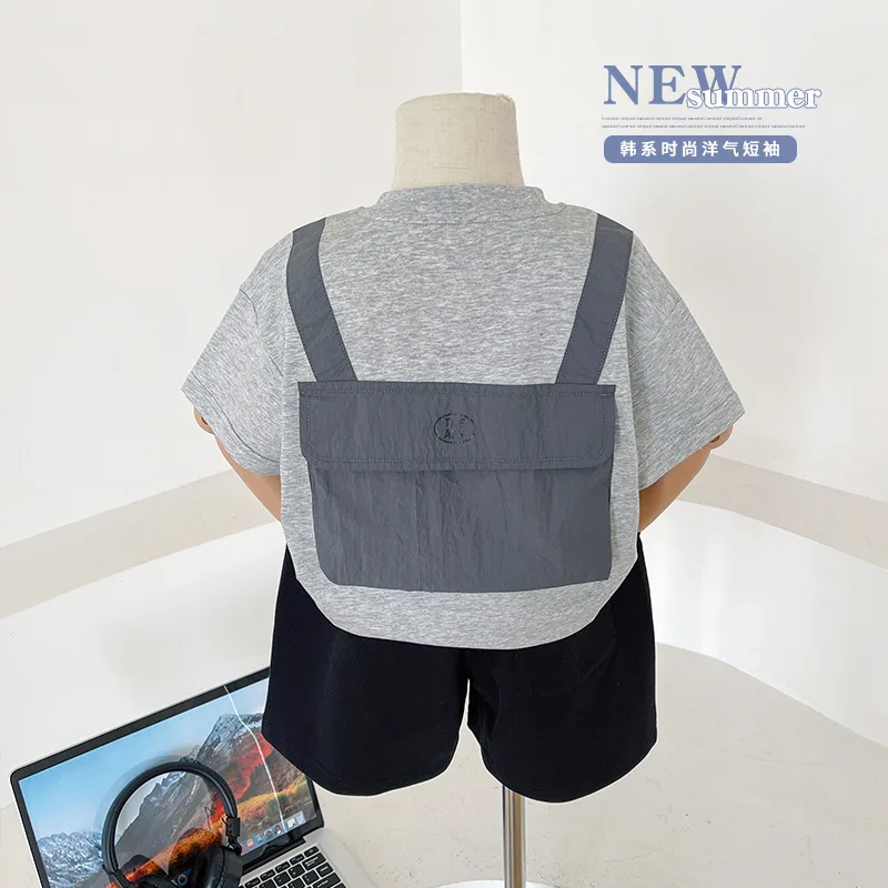 

2024 Summer New Children's Clothing Children's Net Red Personalized Letter T-shirt Boys and Girls Gray Backpack Short Sleeve