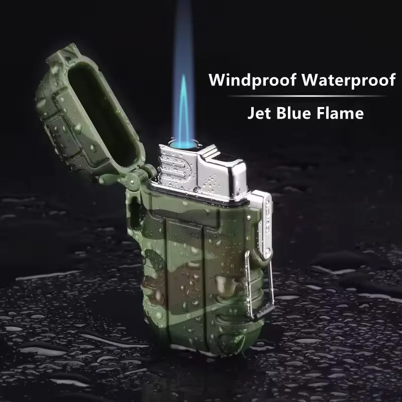 Portable Waterproof Lighter Double Flame Jet Cigar Lighter With Lanyard Outdoor Survival Wading Tool For Men Smoking Accessories