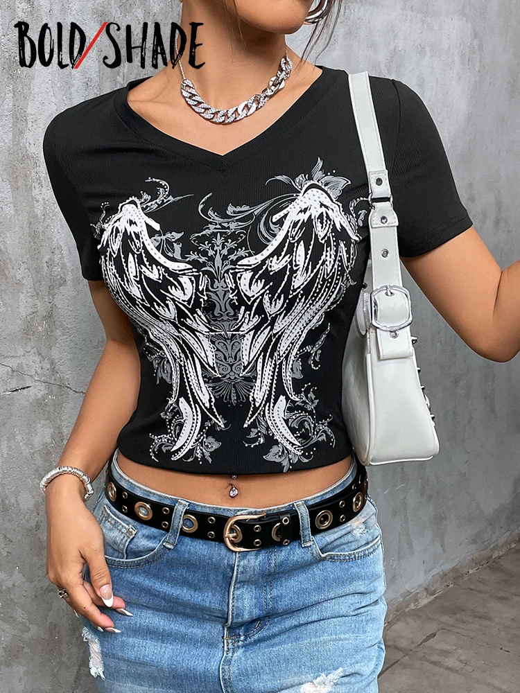 

Bold Shade Emo Wings Floral Printed Mall Y2k Goth T-shirts Dark Fairy Grunge V-neck Skinny Crop Tops Women Alt Streetwear Summer