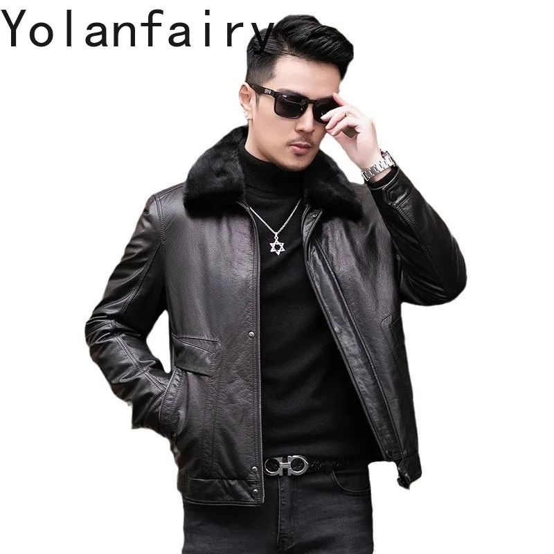 YOLANFARIY Real Cowhide Leather Jacket Men 90% White Duck Down Winter Coats Short Style Mens Clothing Doudoune Hommes Hiver