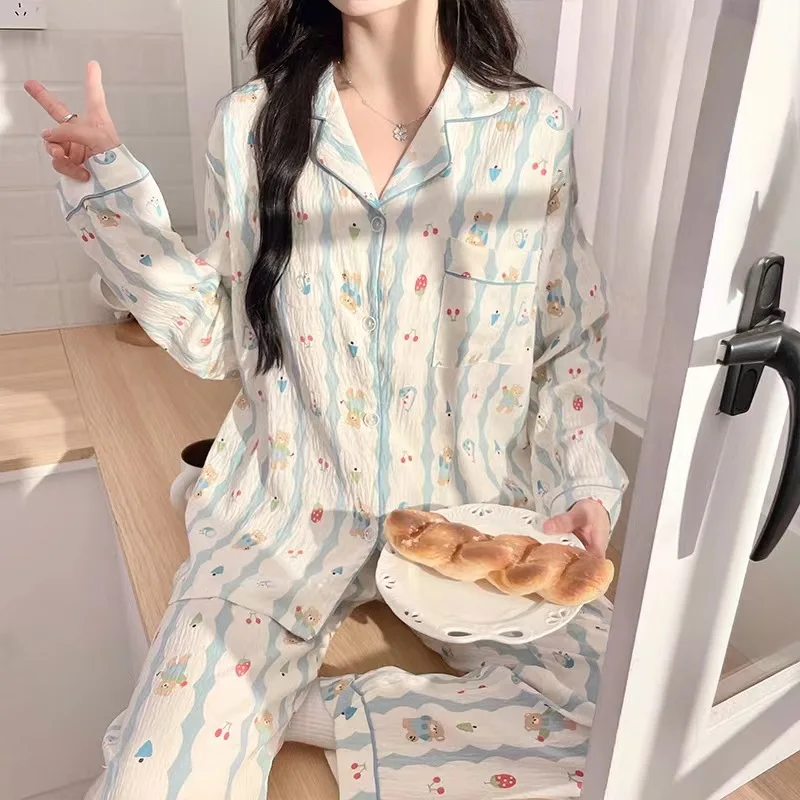 Spring and Autumn Sweet Ladies Pajamas Homewear Suit Korean Version of the Simple Style Long-Sleeved Pajamas Cute Student Homewe