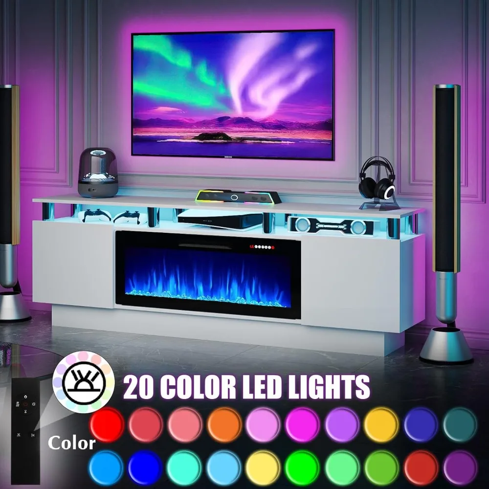 70" Modern Fireplace TV Stand with 36" Electric Fireplace for TVs Up to 80 inch, Luxury LED Light Entertainment Center with High image 2