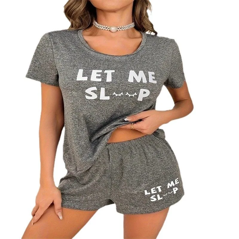 Nuevos conjuntos de pijamas para mujer, Top gris con pantalones cortos con letras, ropa informal para el hogar de dos piezas al por mayor para la exportación