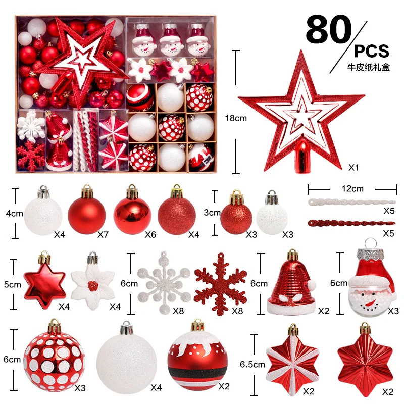 Christmas Tree Top Star 80pcs Santa Ornament Christmas Balls Set Xmas Tree Hanging Pendant New Year Gifts Party Decor for Home