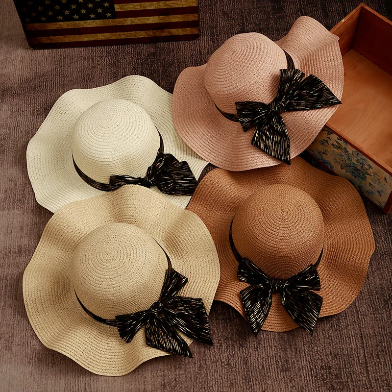 Women's Straw Hat Summer Korean Style Fashionable All-match Bow Wavy Edge Big Brim Fisherman Hat Holiday Vacation Beach Sun Hat