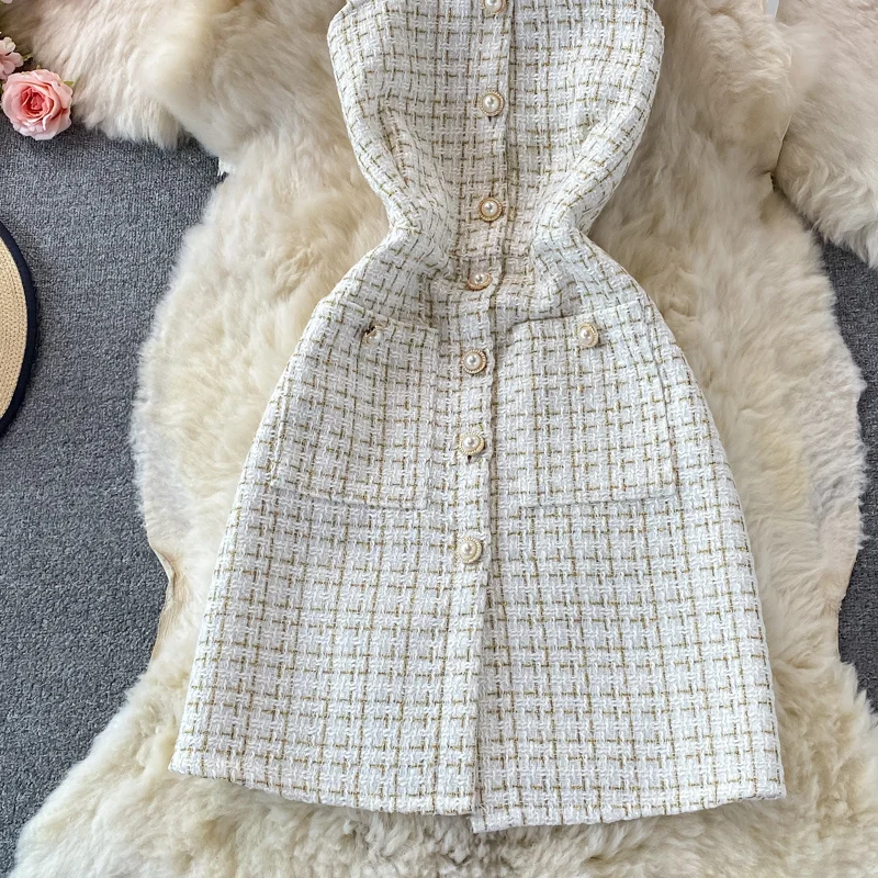 Women Two Piece Set 2024 Korean Fashion Bowtied Collar White Blouse and Spaghetti Strap Single Breasted Mini Tweed Dress Suits