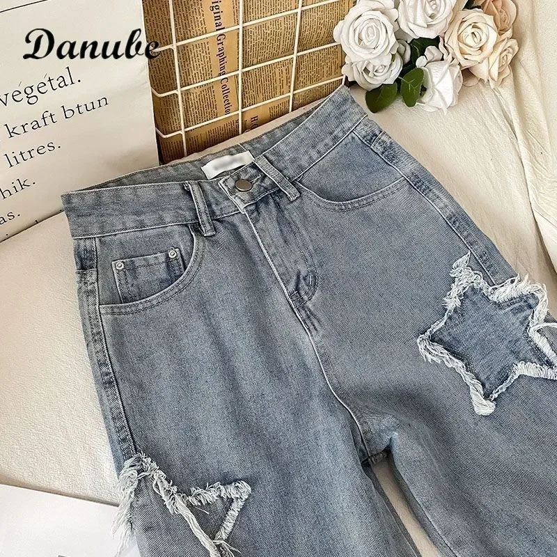 Streetwear Star Blue Jeans Women Vintage Korean Y2k High Waist Oversize Straight Trousers Female Casual Loose Grunge Denim Pants