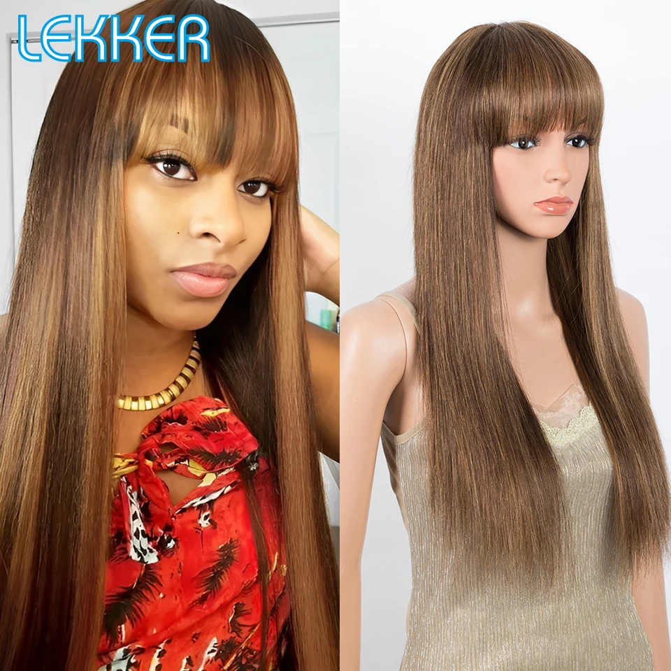 Lekker Brown Bone Straight 100% Human Hair Wigs With Bangs For Women Brazilian Remy Hair Full Machine Made 28