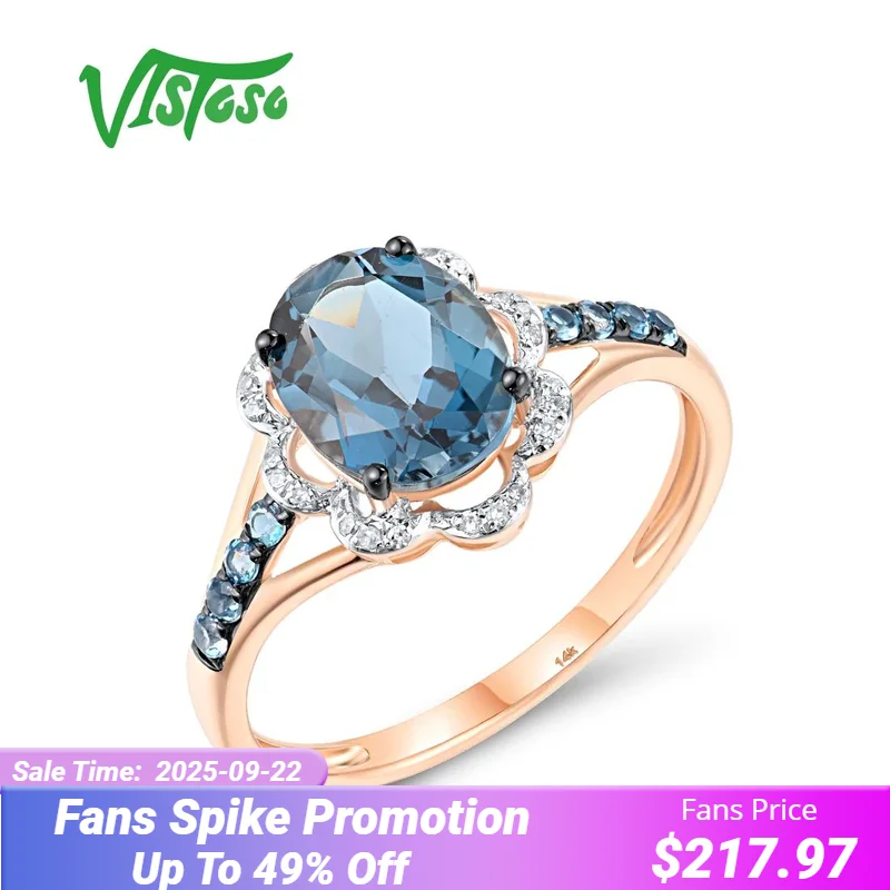 

VISTOSO Genuine 14K 585 Rose Gold Ring London Blue Topaz Sparkling Diamond For Lady Wedding Anniversary Elegant Fine Jewelry