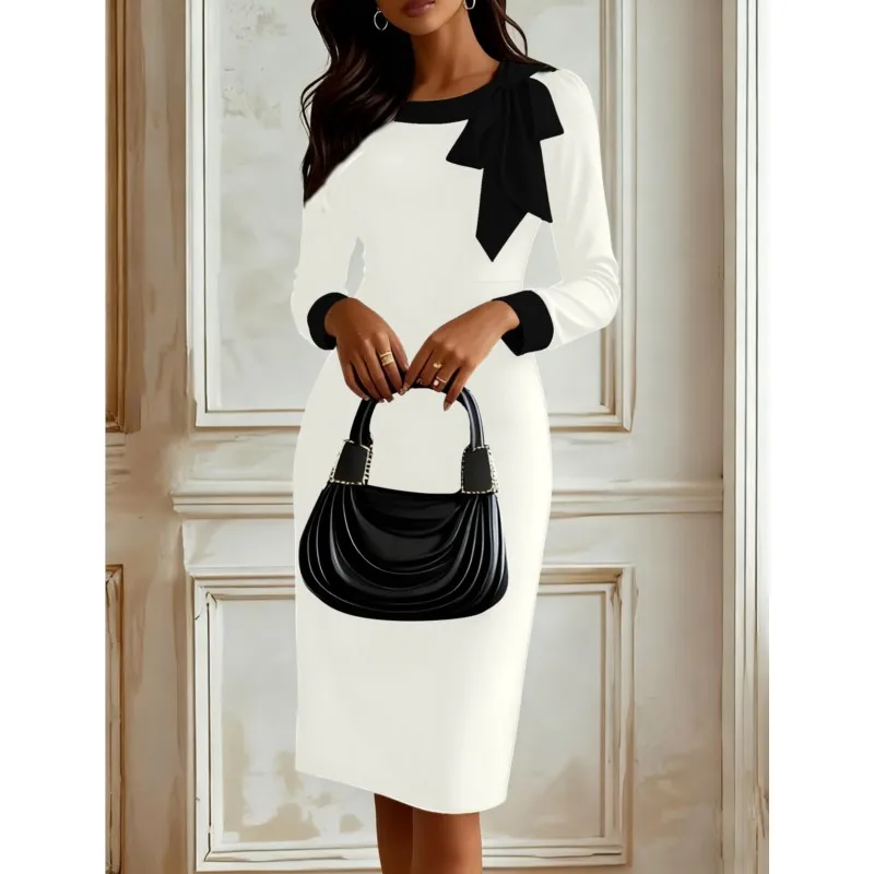 Seksowna Elegancka Dopasowana Sukienka Bodycon z Dekoltem O, Długim Rękawem, Ozdobnymi Wstawkami, Jednolita, Modna Sukienka Wieczorowa na Imprezę, Długość do Kolan