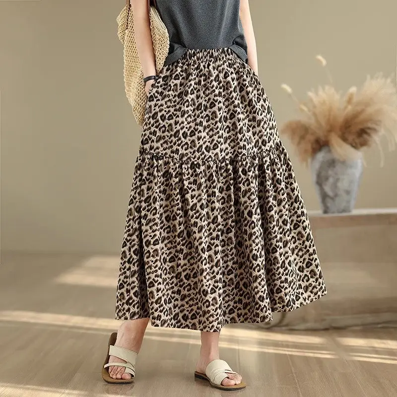 2025 Summer New Plus Size Midi A-Line Skirt | High Waist Loose Leopard Print Flowy Skirt G444