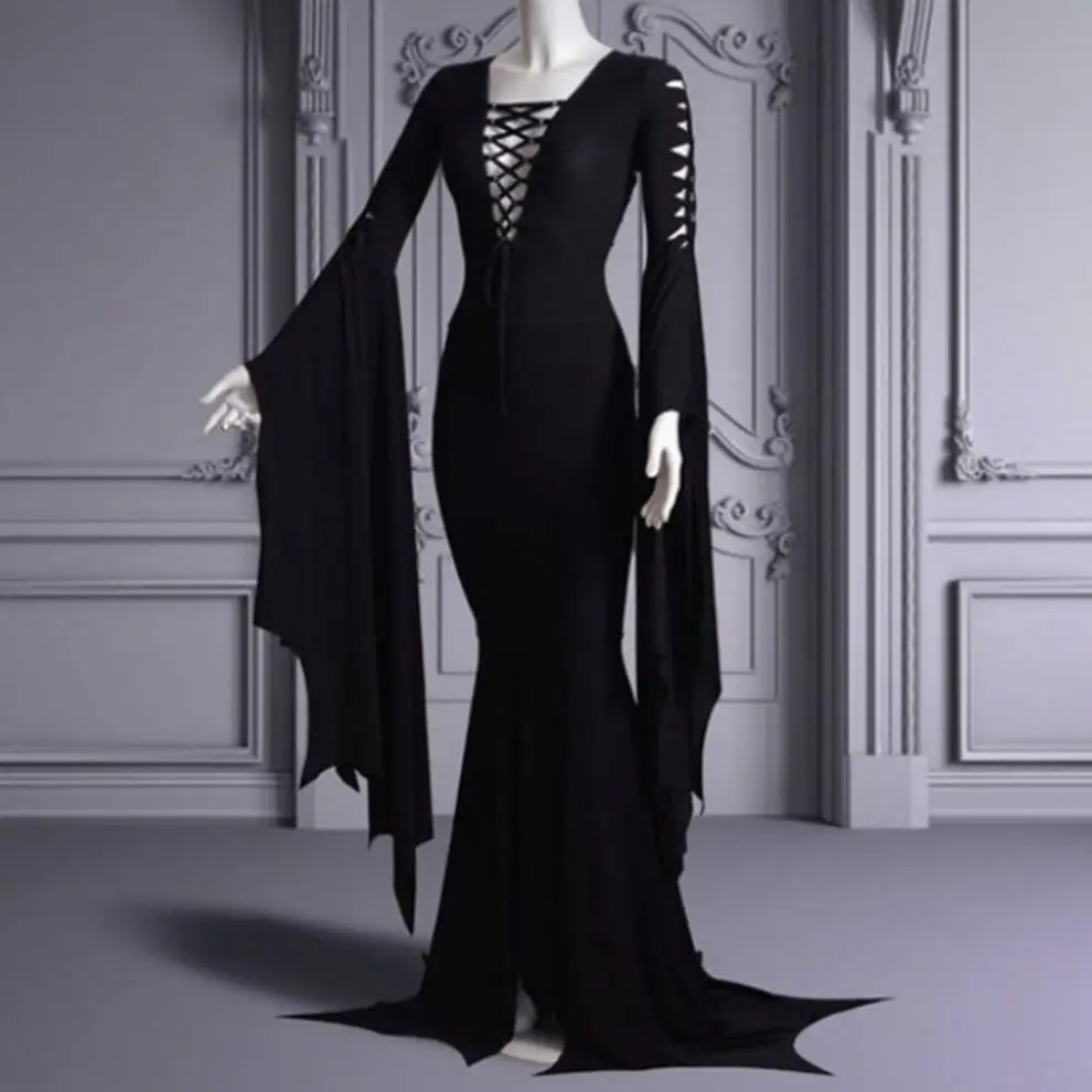 S-5XL Sexy Witch Ghost Halloween Costume Morticia Addam Gothic Maxi Dress Pagan Pixie Vampire Black Lace Up Gown Robe For Women