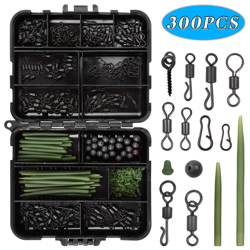 300Pcs/Box Carp Fishing Tackle Kit Including Anti Tangle Sleeves Hook Stop Beads Boilie Bait Screw Rolling Swivel Snaps