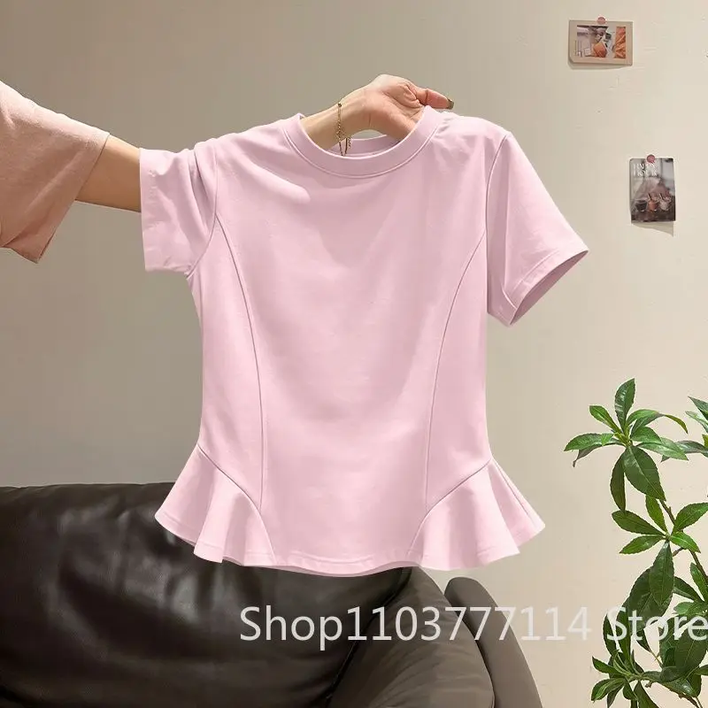 Sommerliches Damen-T-Shirt mit kurzen Ärmeln, einfarbig, lässige Kleidung, koreanische Version, schmal geschnitten, modisches Rundhals-Oberteil mit Rüschen – Detail 6