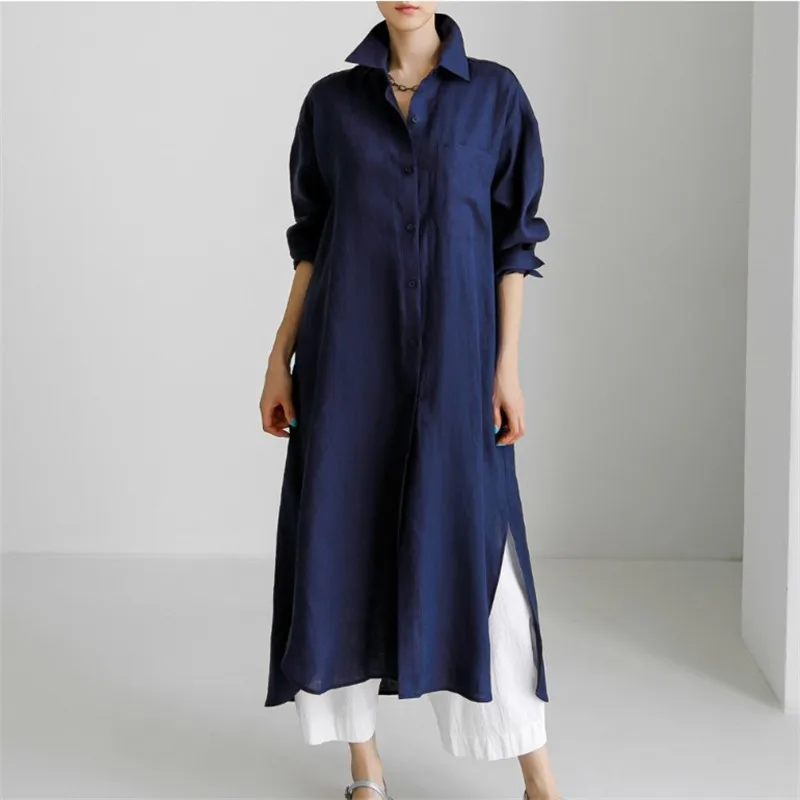 

2023 New Cotton and Linen Loose Shirt Ladies Dress Knee-length Cardigan Solid Color Temperament Long Sleeve Commuter Shirt Dress