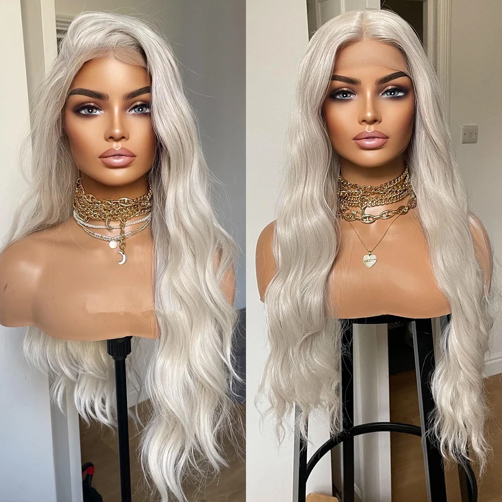 13x4 HD Lace Front Wigs 26 Inch White Color Long Wavy Pre Plucked Natural Hairline Synthetic Heat Resistant for Party Daily Wear