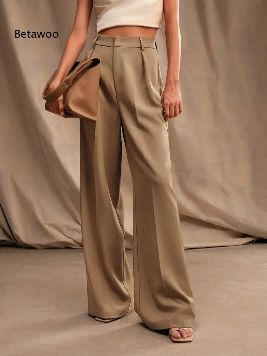 Classic Center Crease High Waist Side Invisible Pocket Loose Full Length Wide Leg Dress Pants For Street And Office Look