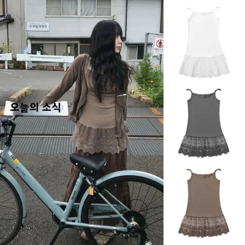 2025 Early Spring Korean Fashion Patchwork Lace Hem Camisole Sleeveless Vintage Fairycore Halter Embroidered Tulle Y2k Tank Tops