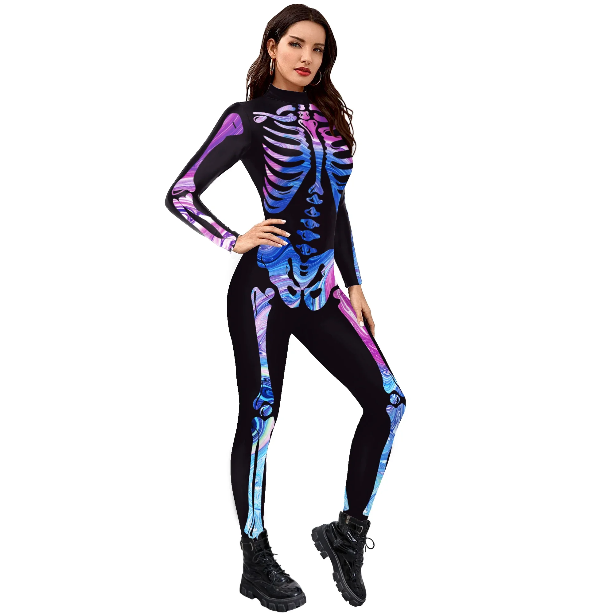 2024 New Women Fashion Jumpsuit Long Sleeve Coloured Skull Print Party Cosplay Costumes Holiday Party Funny Bodysuit Performance