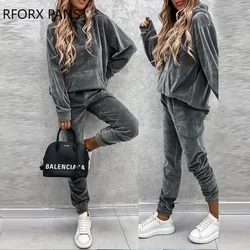 Women Solid Plain Pocket Design Hooded Top & Pants Set Two Pieces Casual Women Sets