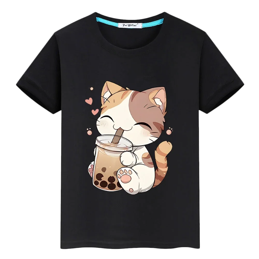 Cute Cat And Bubble Tea Print t shirt for kids boys 10years 100%Cotton Tops  Short anime tshirt y2k one piece kids clothes girls