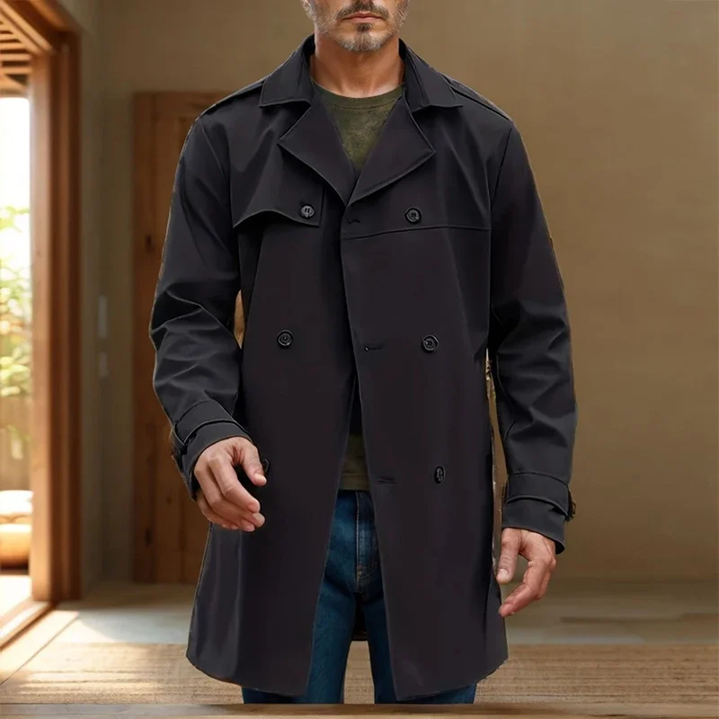 

Streetwear Mens Long Sleeve Slim Midi Jacket Autumn Winter Casual Solid Color Lapel Double Breasted Windbreaker Men Coat Jackets