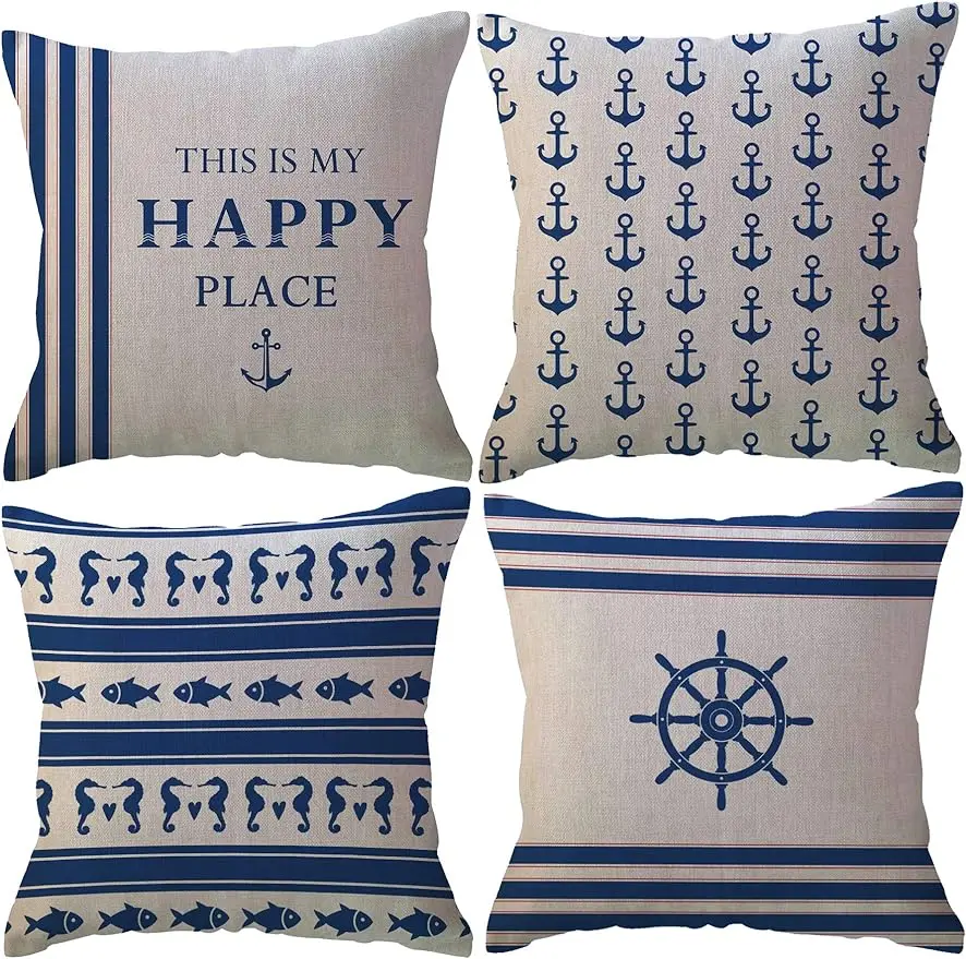 Navy blue sailboat decorative throw pillow case nautical beach villa decorative pillowcase sofa bed cushion cover 45X45cm