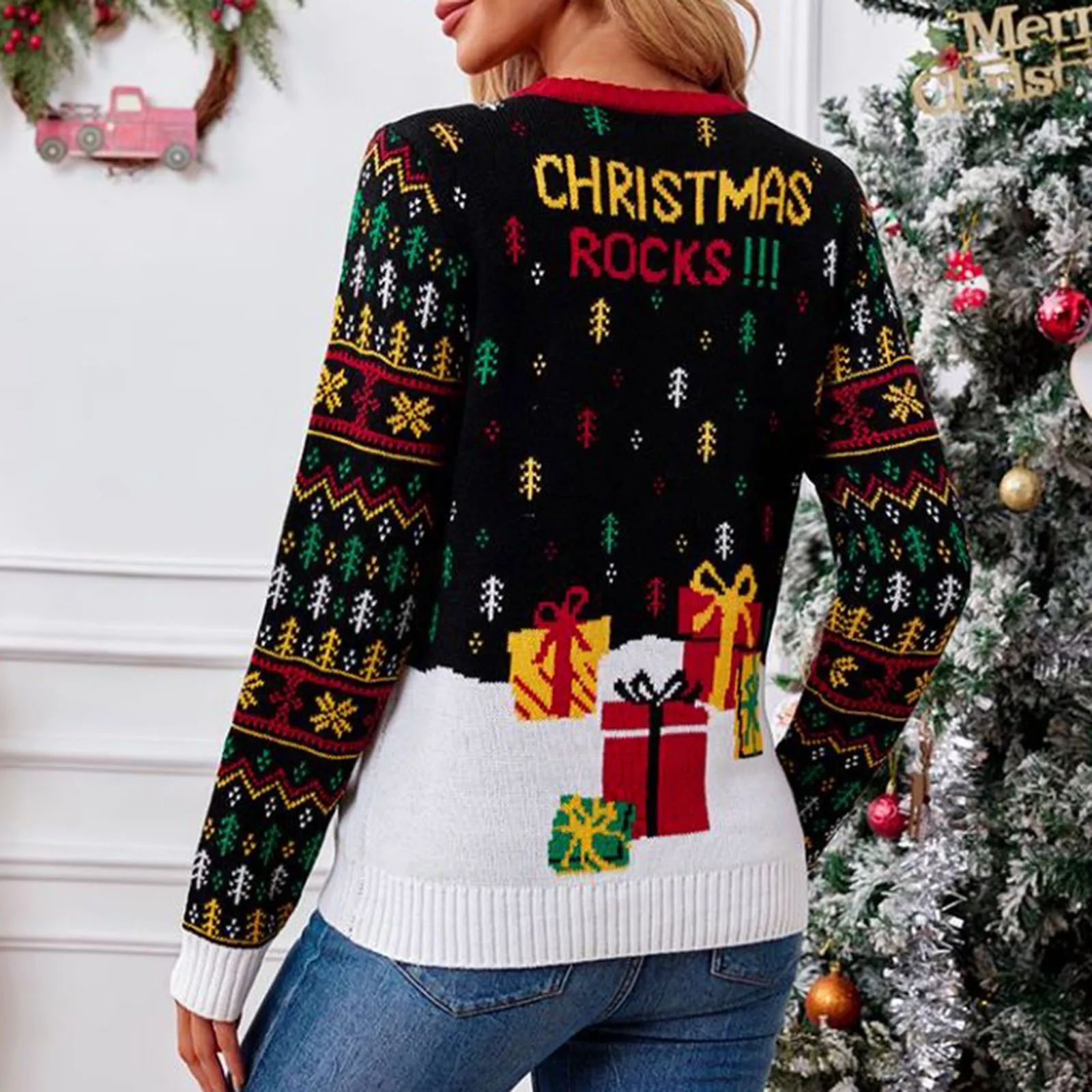 European Jacquard Christmas Sweater Women Led Lights Costume Santa Knitted Sweater Comfy Round Neck Loose Hoodies Jumpers