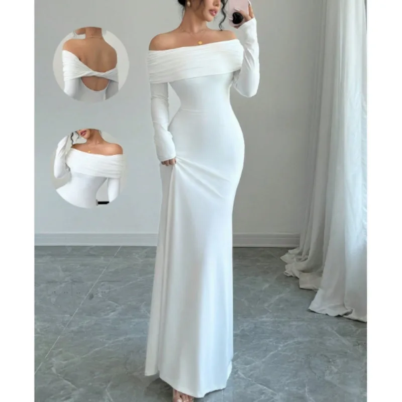 Vestido de noche clásico personalizado de Jersey rosa, vestido de fiesta con espalda abierta y espalda descubierta de manga larga sin tirantes de alta calidad