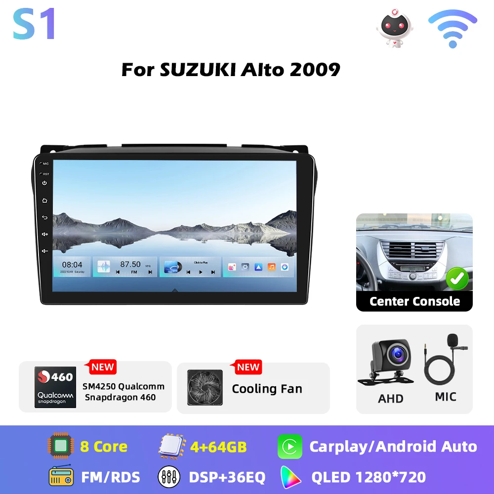 Podofo 8-core Qualcomm Snapdragon 460 Android autoradio voor SUZUKI Alto 2009 met Carplay, Android Auto, GPS, FM, WiFi, RDS, 2-din autoradio - afbeelding 1