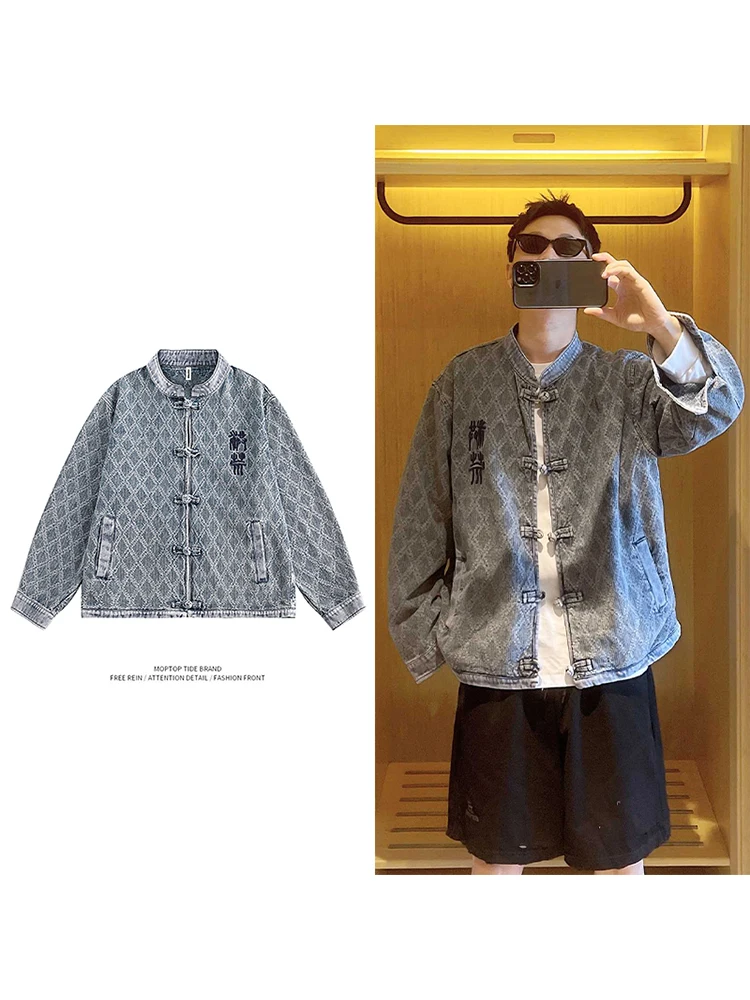 

Mr. WH New Autumn Chinese Sle Diamond id Plaid Button Denim Jaet Coat for Men And Women Couples Casual Faion Outerwear