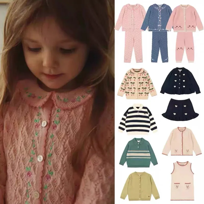 Girls Knit Cardigan Coat Cotton Lapel Thickened Warm Sweater Fall Winter 2026 New Printed Fashion Cute Kids Dress Set