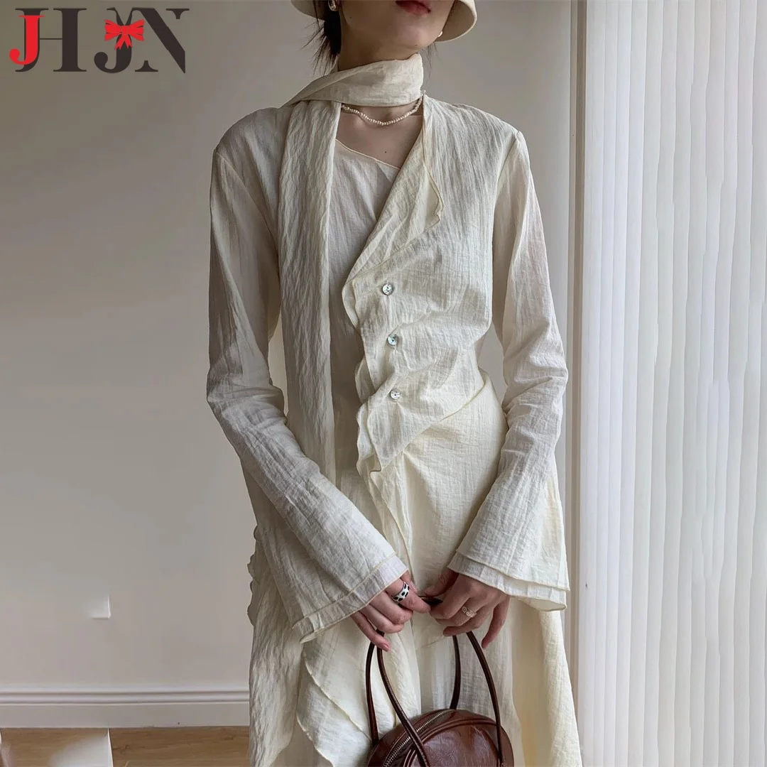 

JHJN Women Shirt Irregular Design V-Neck Flare Sleeve Blouse Single Breasted Chinese Style Overshirt French Casual Female Shirts